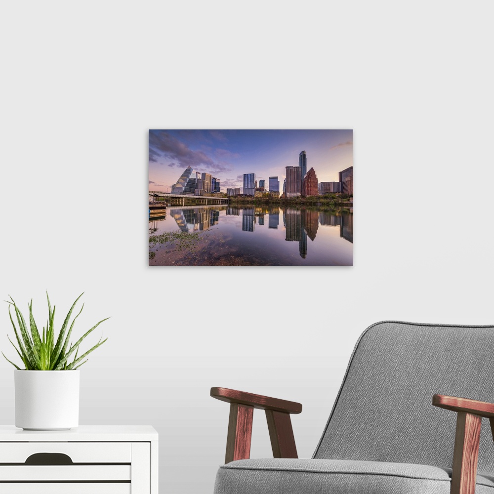 A modern room featuring Austin Skyline Reflecting in Colorado River, Texas, USA