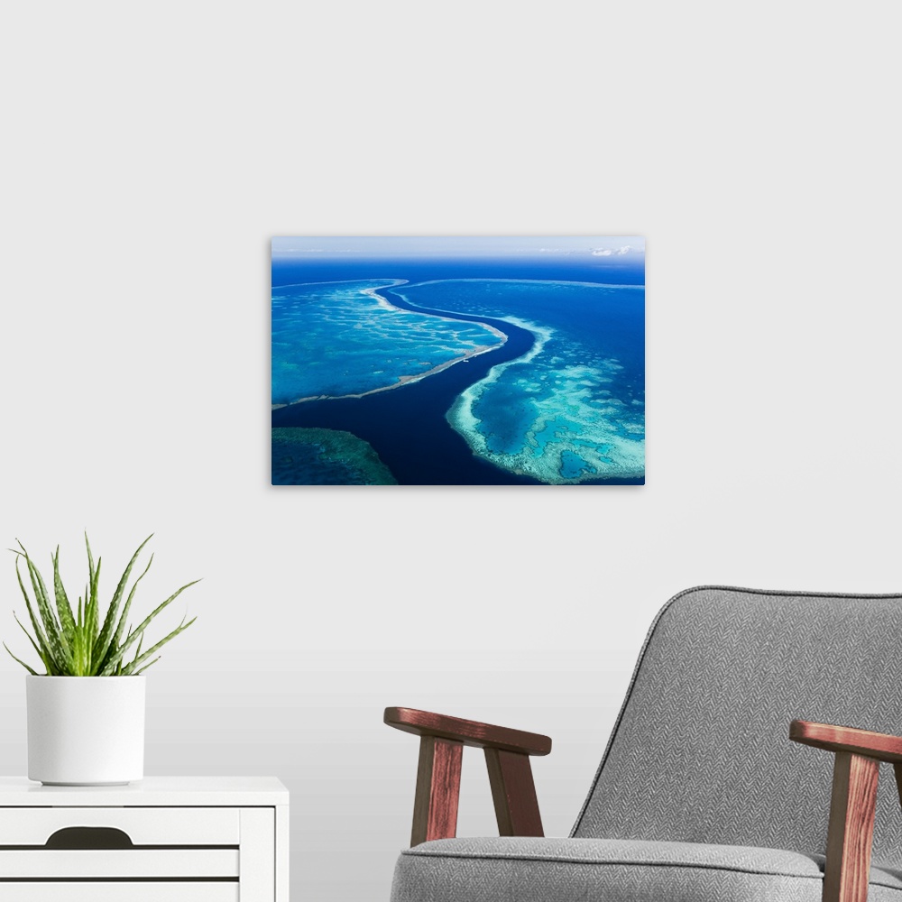 A modern room featuring Australia, Queensland, Whitsundays, Great Barrier Reef Marine Park. Aerial view of The River, a 2...