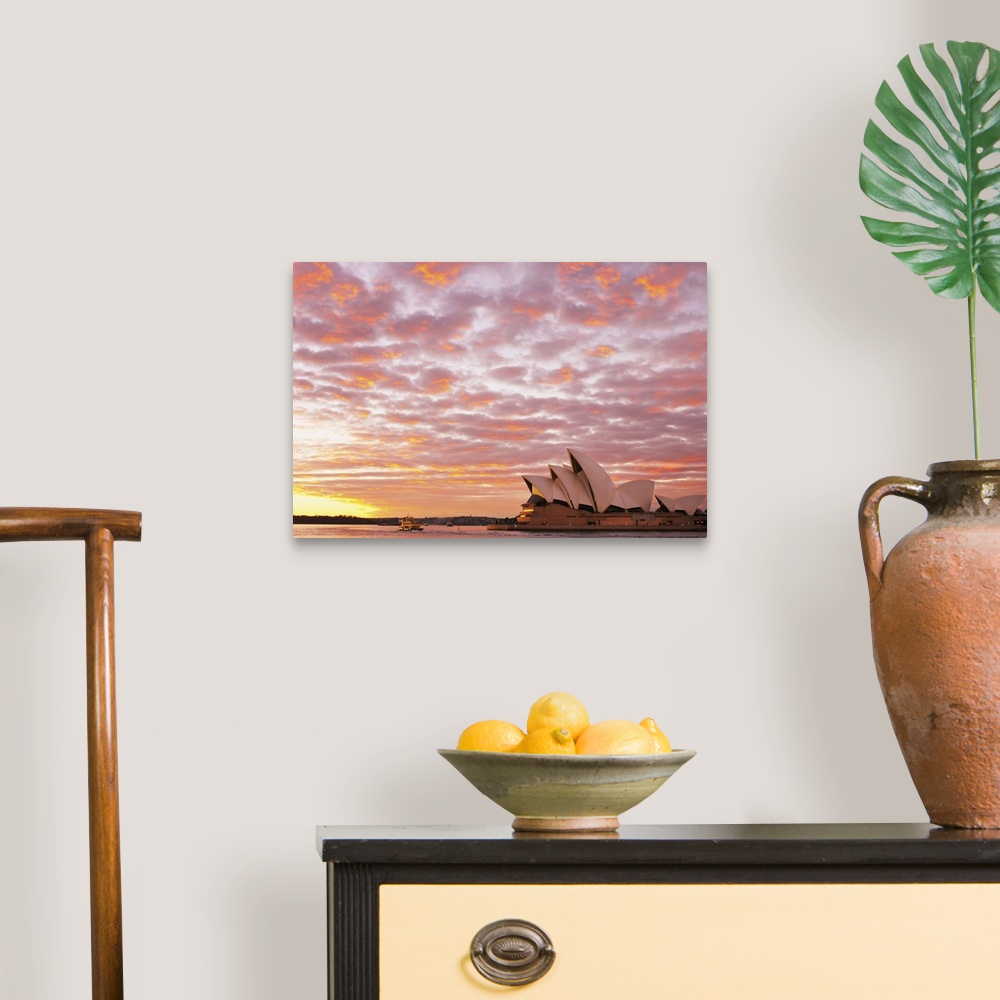 A traditional room featuring Australia, New South Wales, Sydney, Sydney Opera House, Boat in harbour at Sunrise
