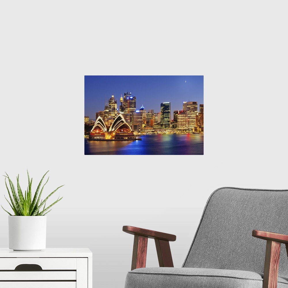 A modern room featuring Australia, New South Wales, Sydney, Sydney Opera House, City Skyline at dusk