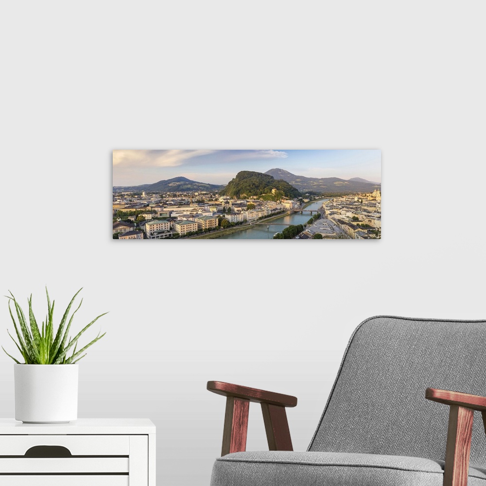 A modern room featuring Austria, Salzburg, View of Salzach River  The Old City to the right and the New City to the left
