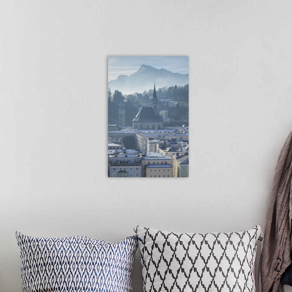 A bohemian room featuring Austria, Salzburgerland, Salzburg, elevated city view from the Kapuzinerberg, morning, winter