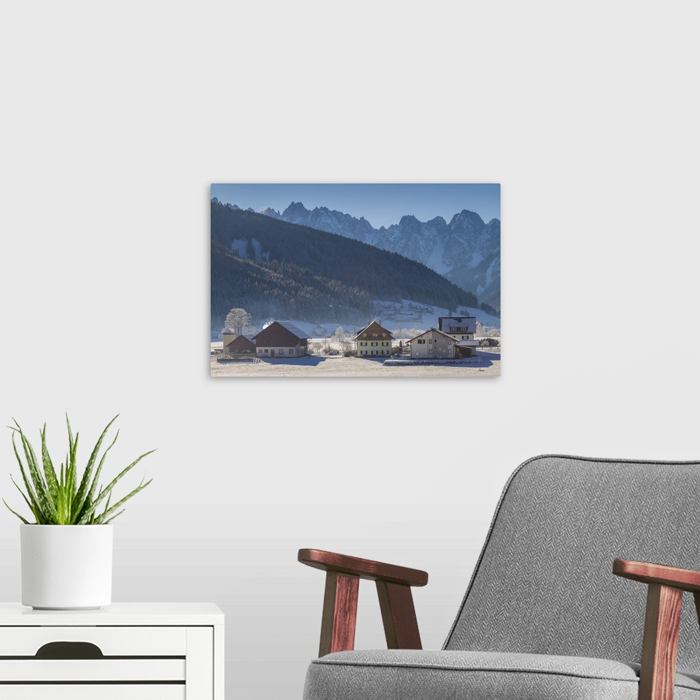 A modern room featuring Austria, Upper Austria, Gosau, village view, winter