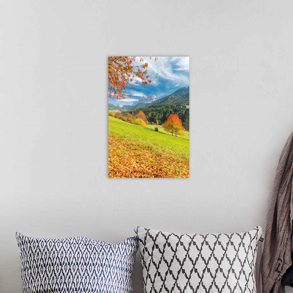 A bohemian room featuring Funes Valley, Dolomites, Province Of Bolzano, South Tyrol, Italy. Autumn Colors In The Funes Vall...