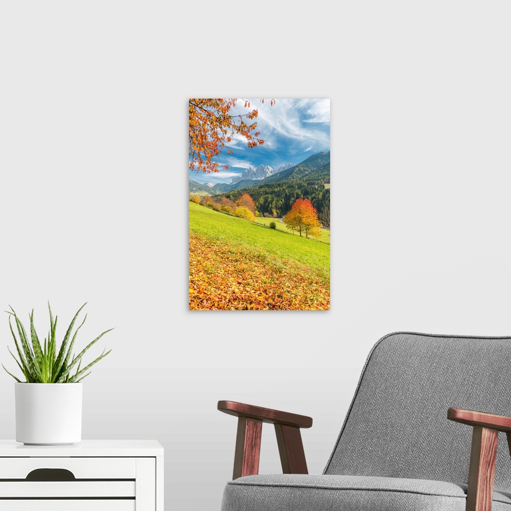 A modern room featuring Funes Valley, Dolomites, Province Of Bolzano, South Tyrol, Italy. Autumn Colors In The Funes Vall...