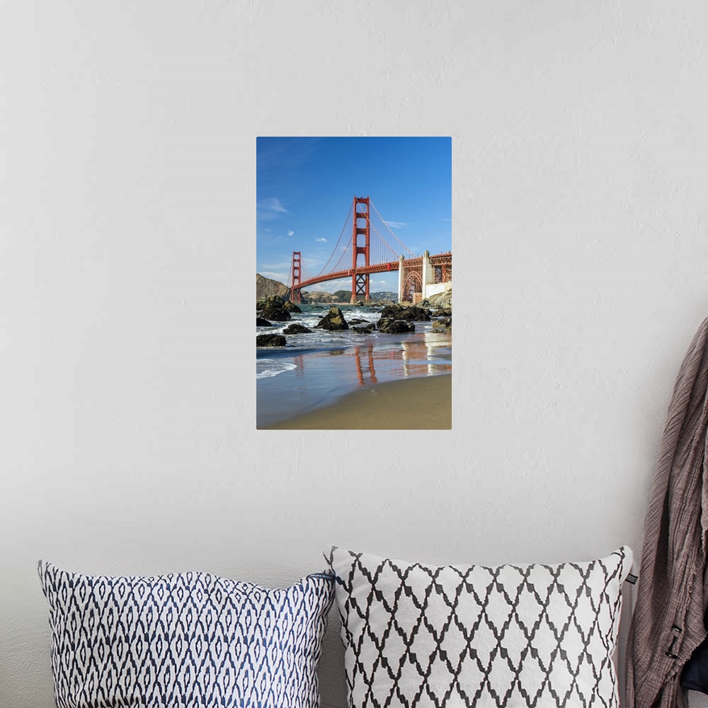 A bohemian room featuring Baker Beach with Golden Gate Bridge in the background, San Francisco, California, USA