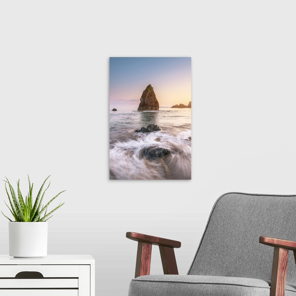 A modern room featuring Ballydowane Cove, County Waterford, Munster province, Ireland, Europe. The sea stack in the ocean...