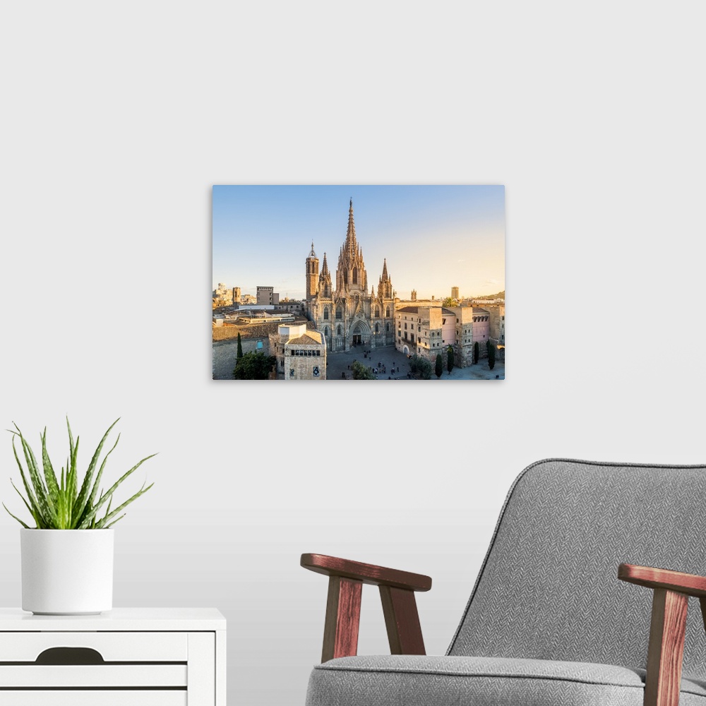 A modern room featuring Barcelona, Catalonia, Spain, Southern Europe. High angle view of the old Cathedral of the Holy Cr...