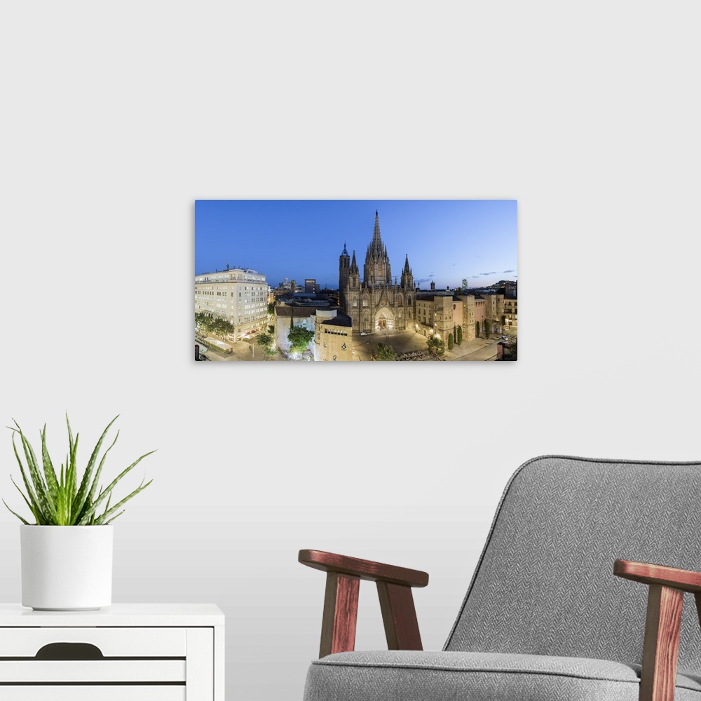 A modern room featuring Barcelona, Catalonia, Spain, Southern Europe. High angle view of the old Cathedral of the Holy Cr...