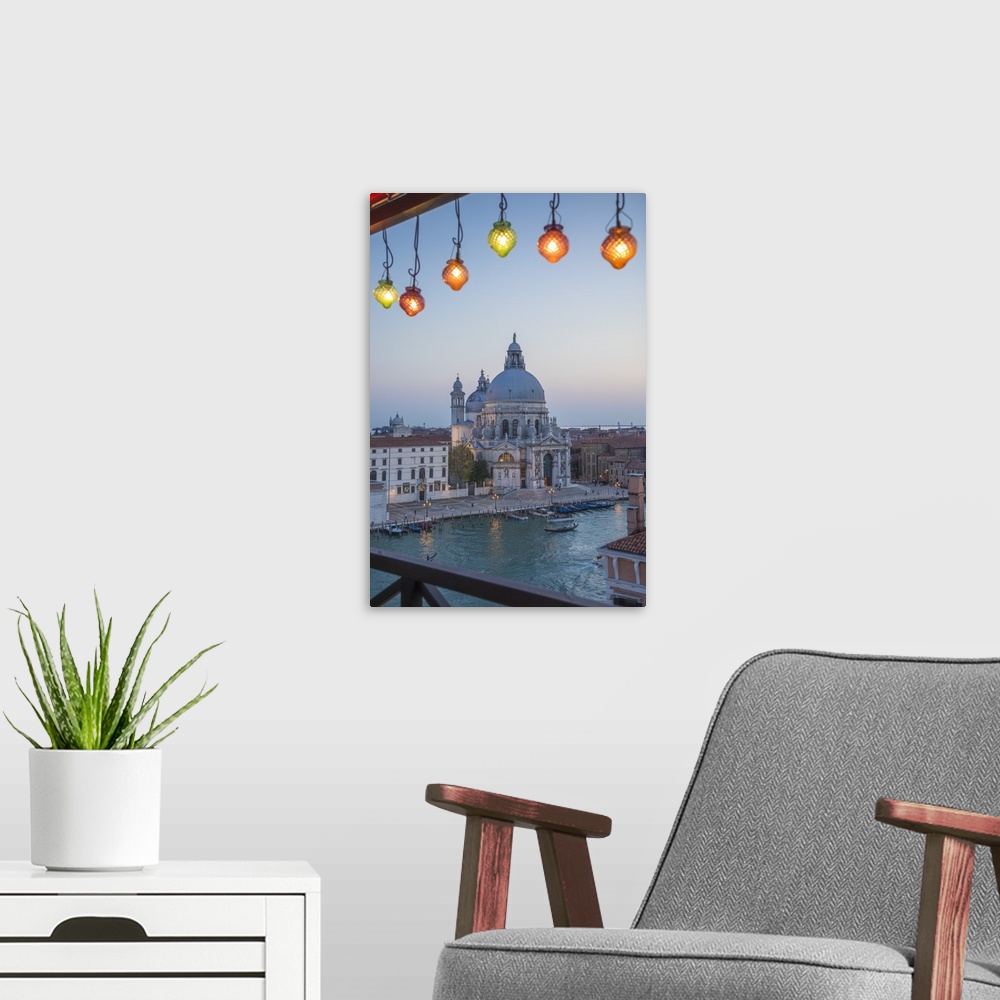 A modern room featuring Basilica di Santa Maria della Salute from the Bauer Palazzo hotel, Grand Canal, Venice, Italy.