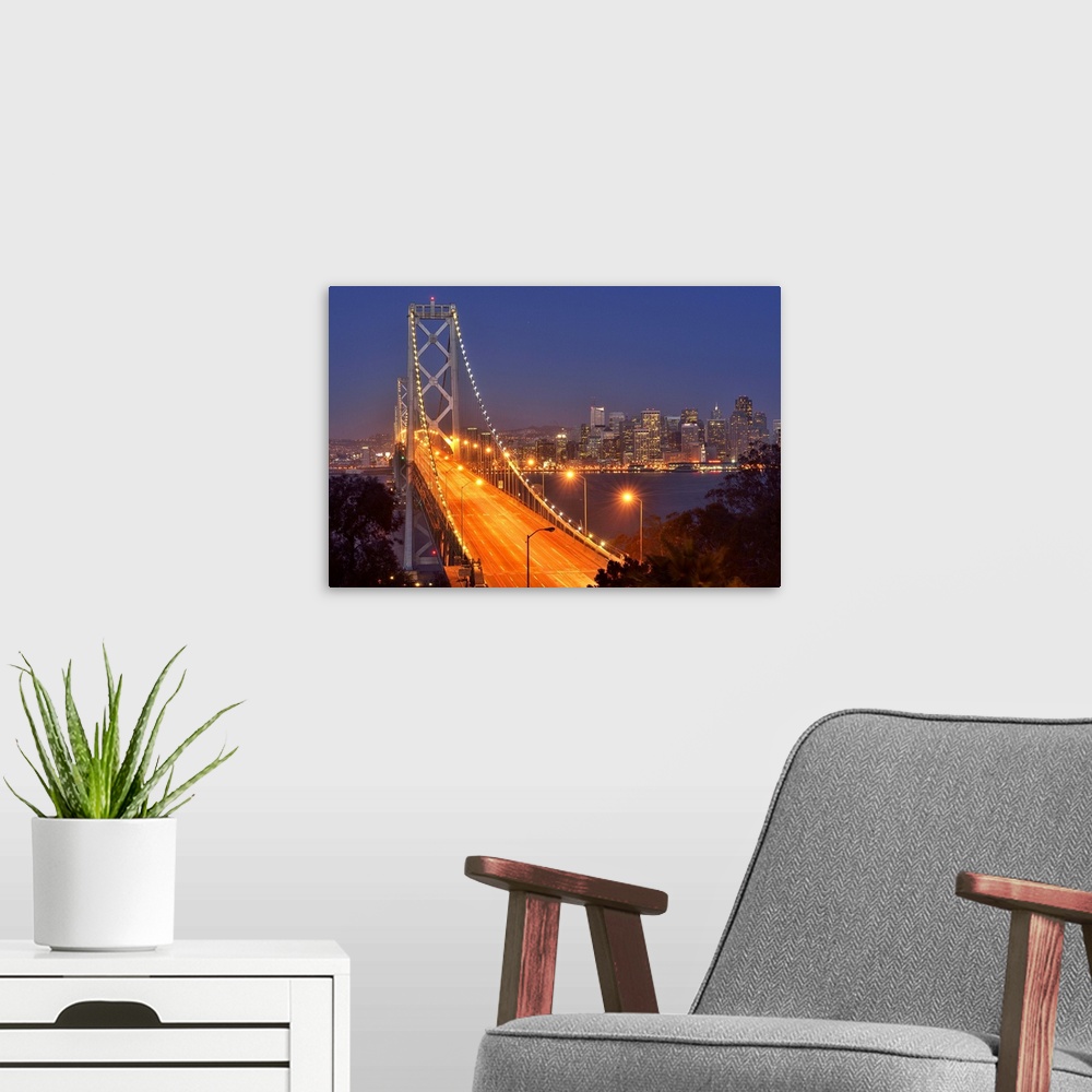 A modern room featuring Bay Bridge at dawn, San Francisco, USA