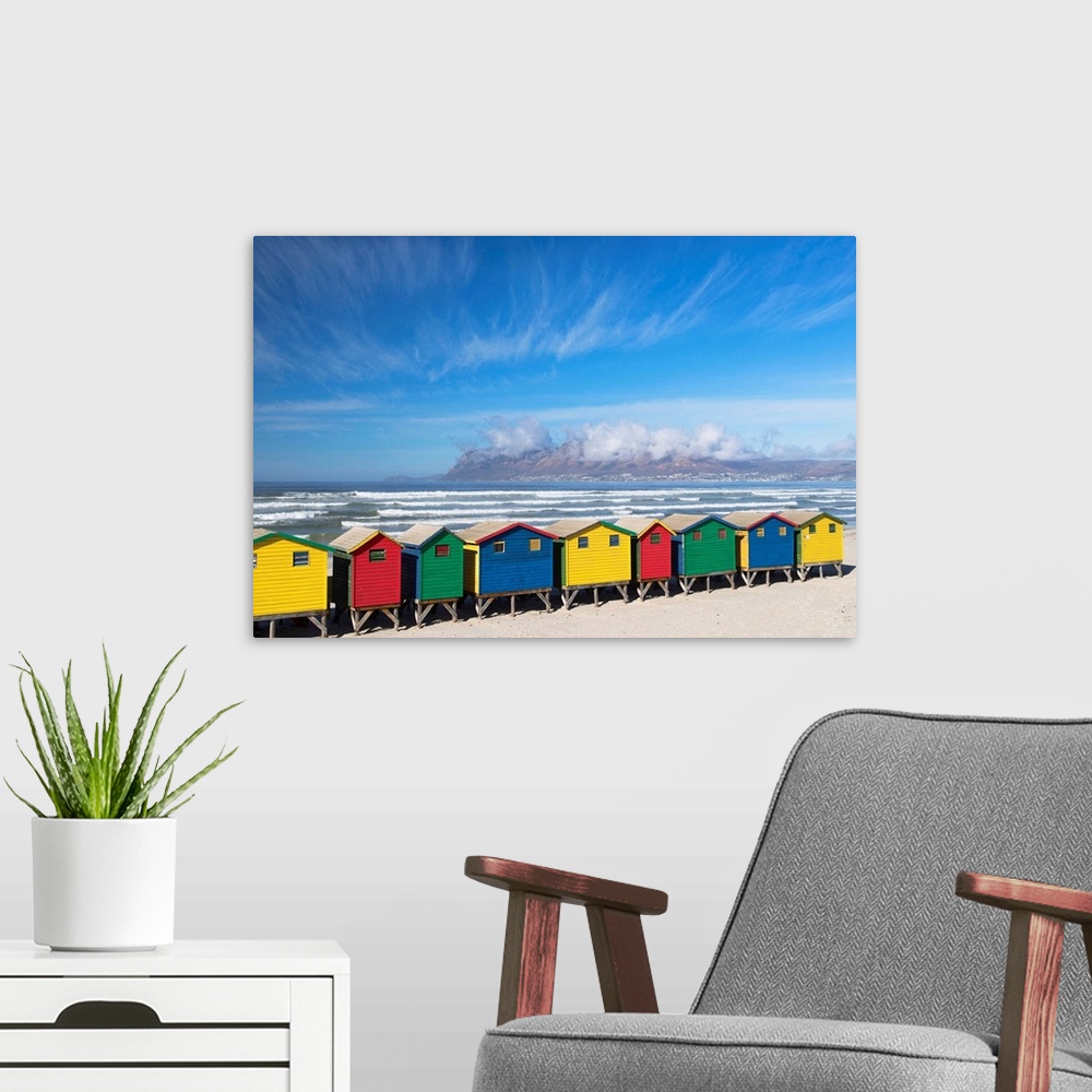 A modern room featuring Beach huts on Muizenburg beach, Cape Town, Western Cape, South Africa