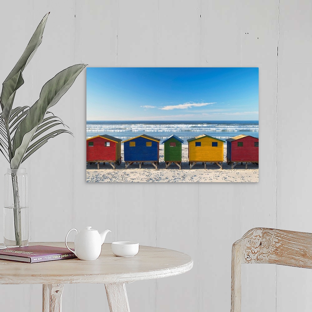 A farmhouse room featuring Beach huts on Muizenburg beach, Cape Town, Western Cape, South Africa