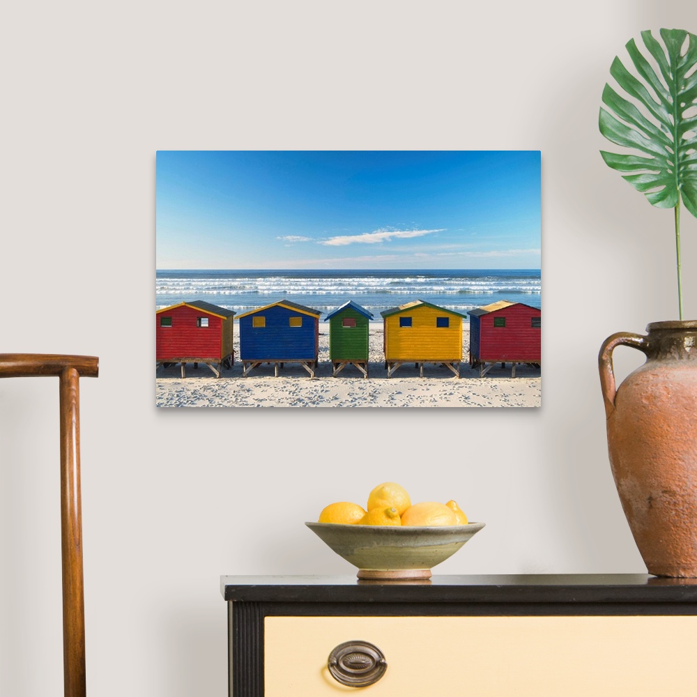 A traditional room featuring Beach huts on Muizenburg beach, Cape Town, Western Cape, South Africa