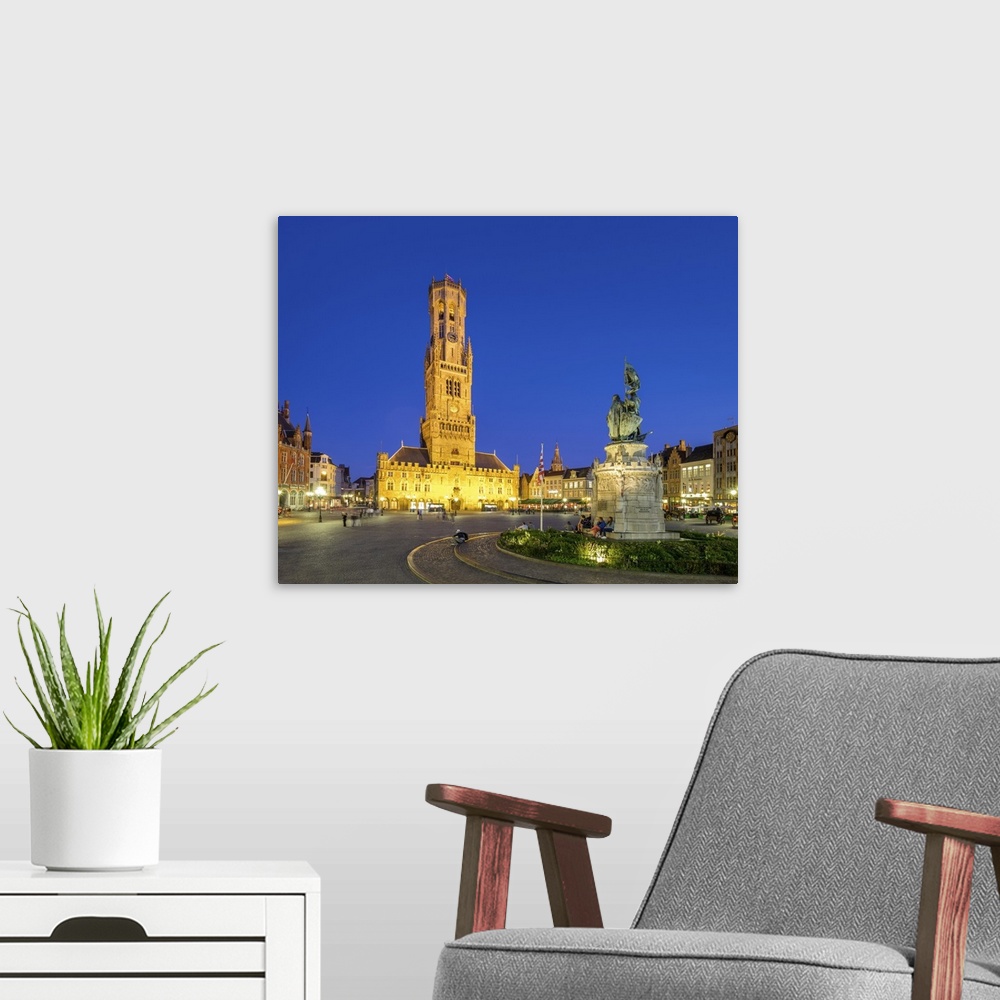 A modern room featuring Belgium, West Flanders (Vlaanderen), Bruges (Brugge). Belfort van Brugge belfry tower and Statue ...
