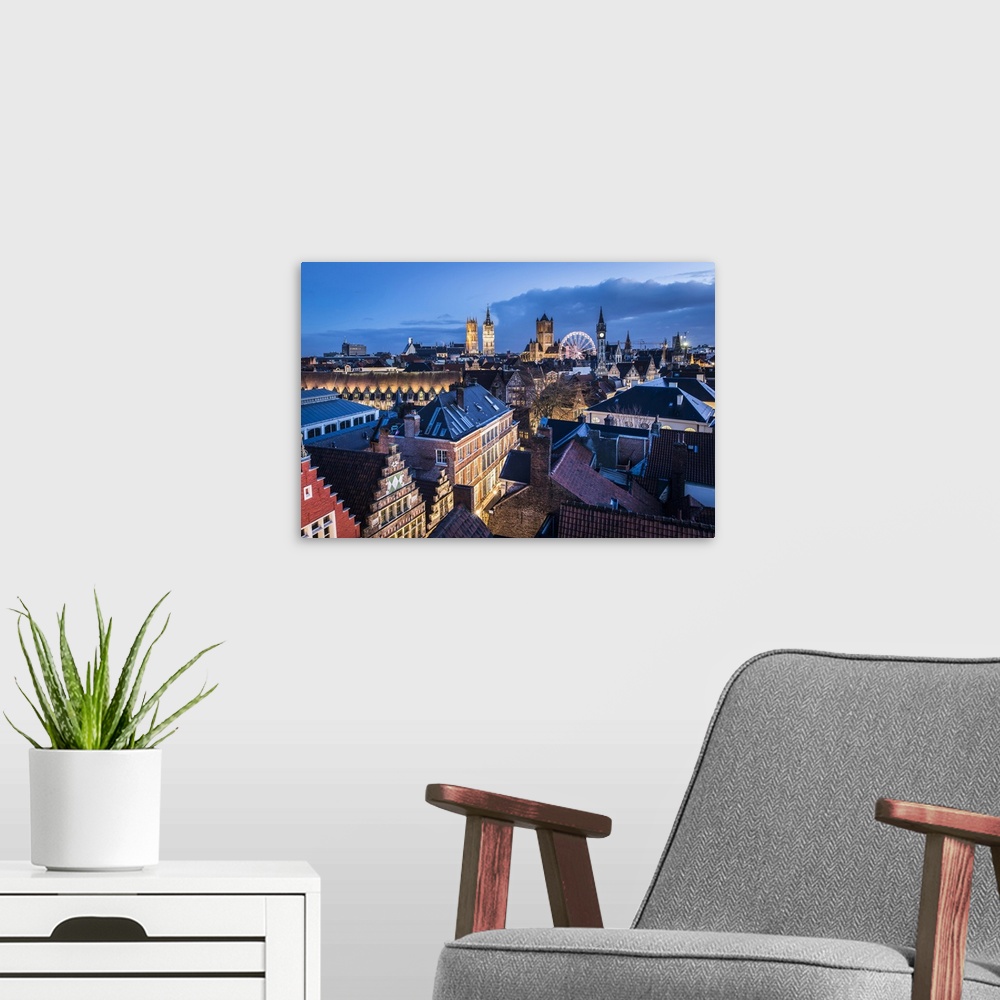 A modern room featuring Belgium, Flanders, Ghent, Night view of the town center