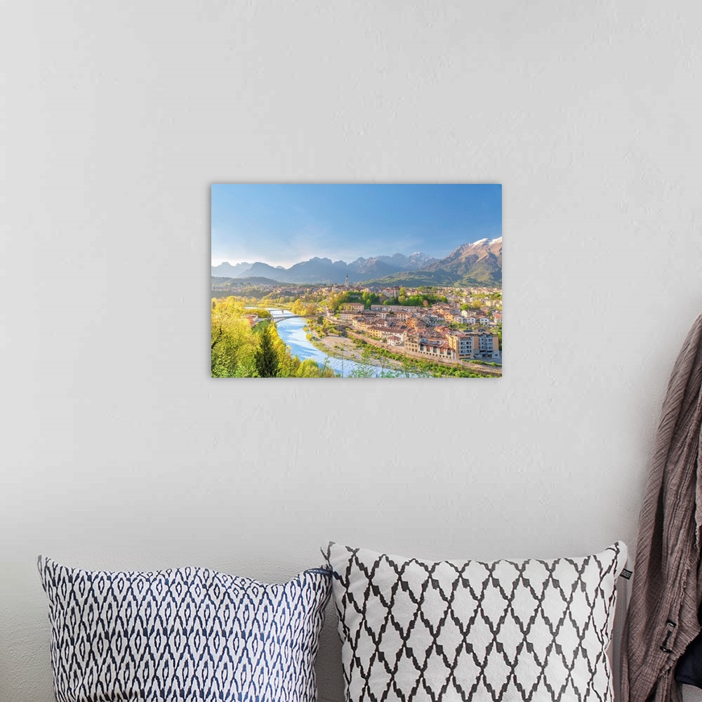A bohemian room featuring Belluno, Province Of Belluno, Veneto, Italy. View Of Town And Cathedral Of San Martino