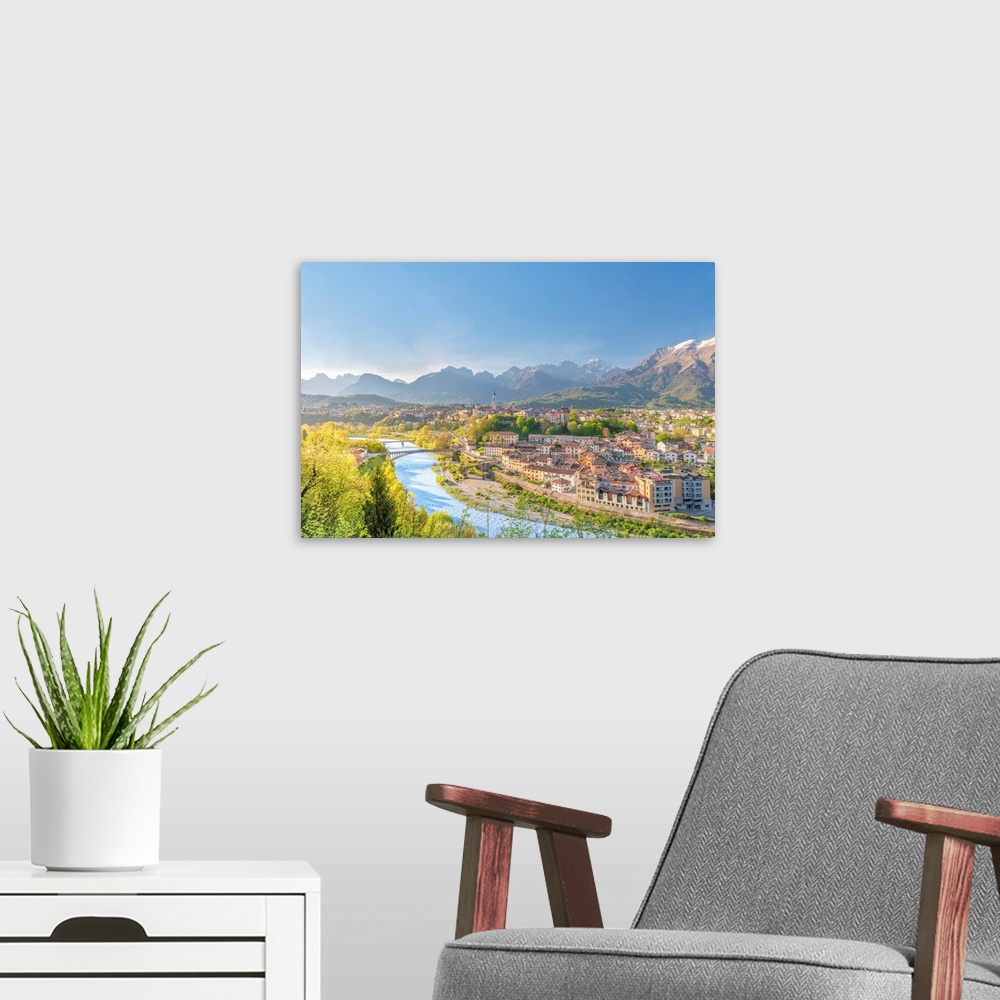 A modern room featuring Belluno, Province Of Belluno, Veneto, Italy. View Of Town And Cathedral Of San Martino