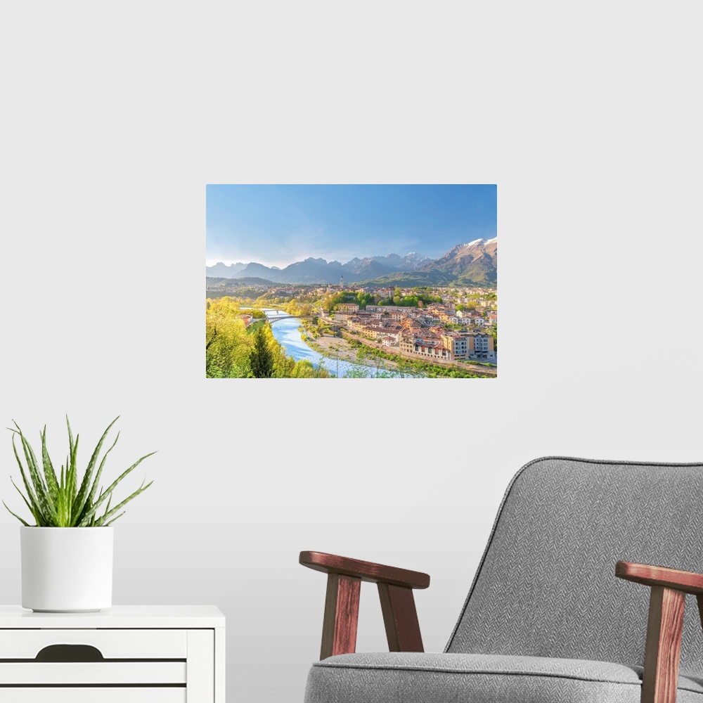 A modern room featuring Belluno, Province Of Belluno, Veneto, Italy. View Of Town And Cathedral Of San Martino