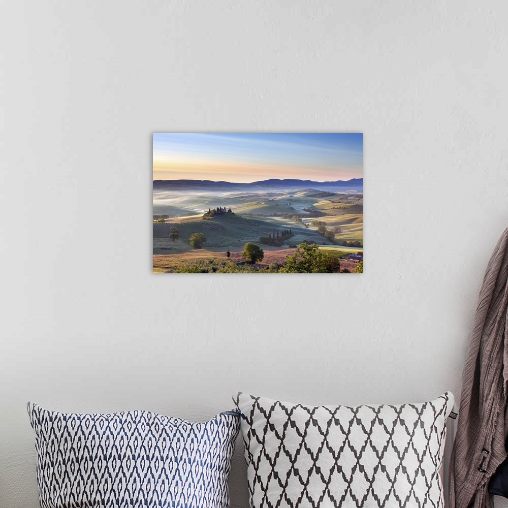 A bohemian room featuring Belvedere and countryside at first light, San Quirico d'Orcia, Tuscany, Italy