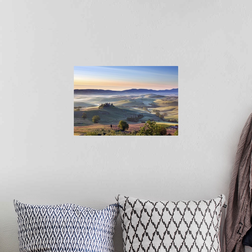 A bohemian room featuring Belvedere and countryside at first light, San Quirico d'Orcia, Tuscany, Italy