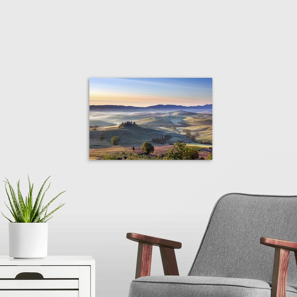 A modern room featuring Belvedere and countryside at first light, San Quirico d'Orcia, Tuscany, Italy