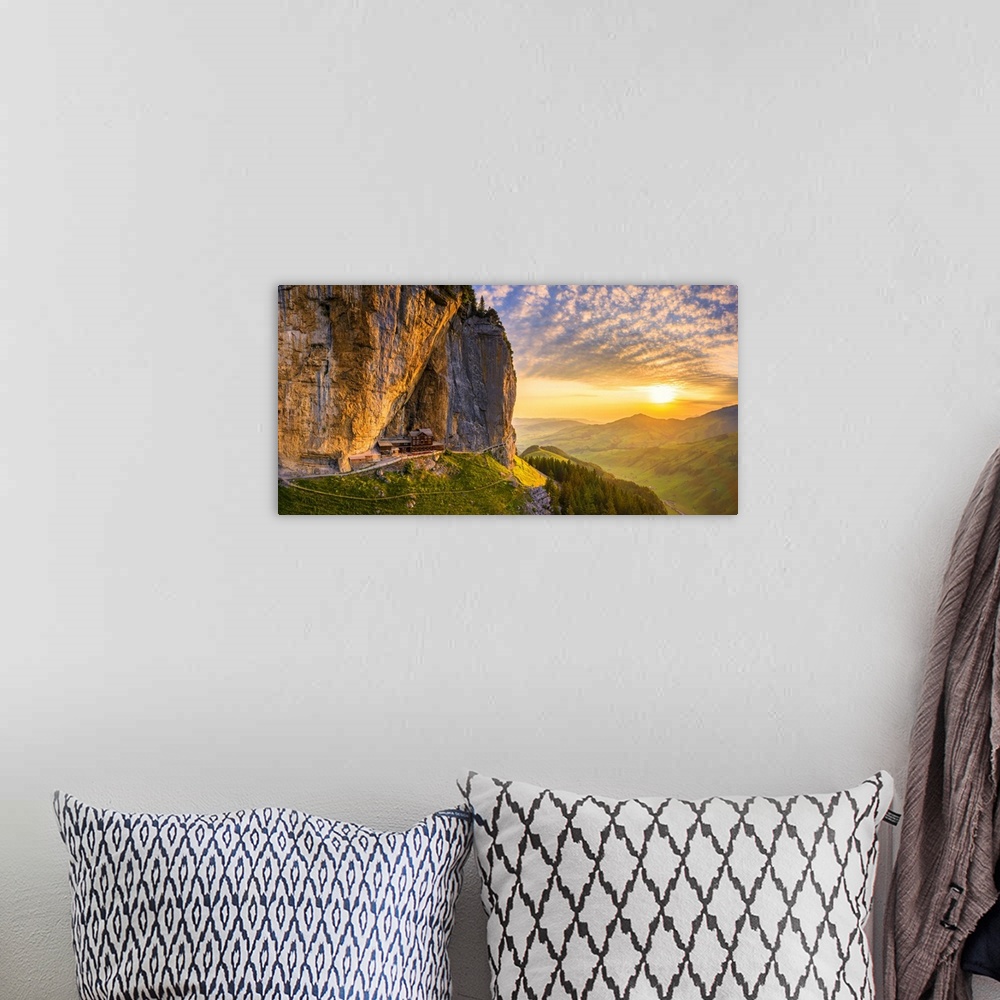 A bohemian room featuring Aerial view of Berggasthaus Aescher at sunrise, Canton of Appenzell, Alpstein, Switzerland, Europe