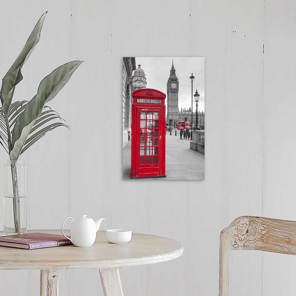 A farmhouse room featuring Big Ben, Houses of Parliament and a red phone box, London, England.
