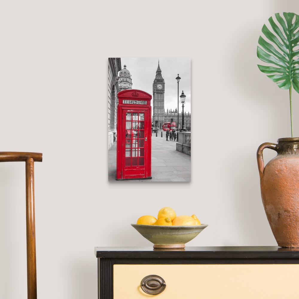 A traditional room featuring Big Ben, Houses of Parliament and a red phone box, London, England.