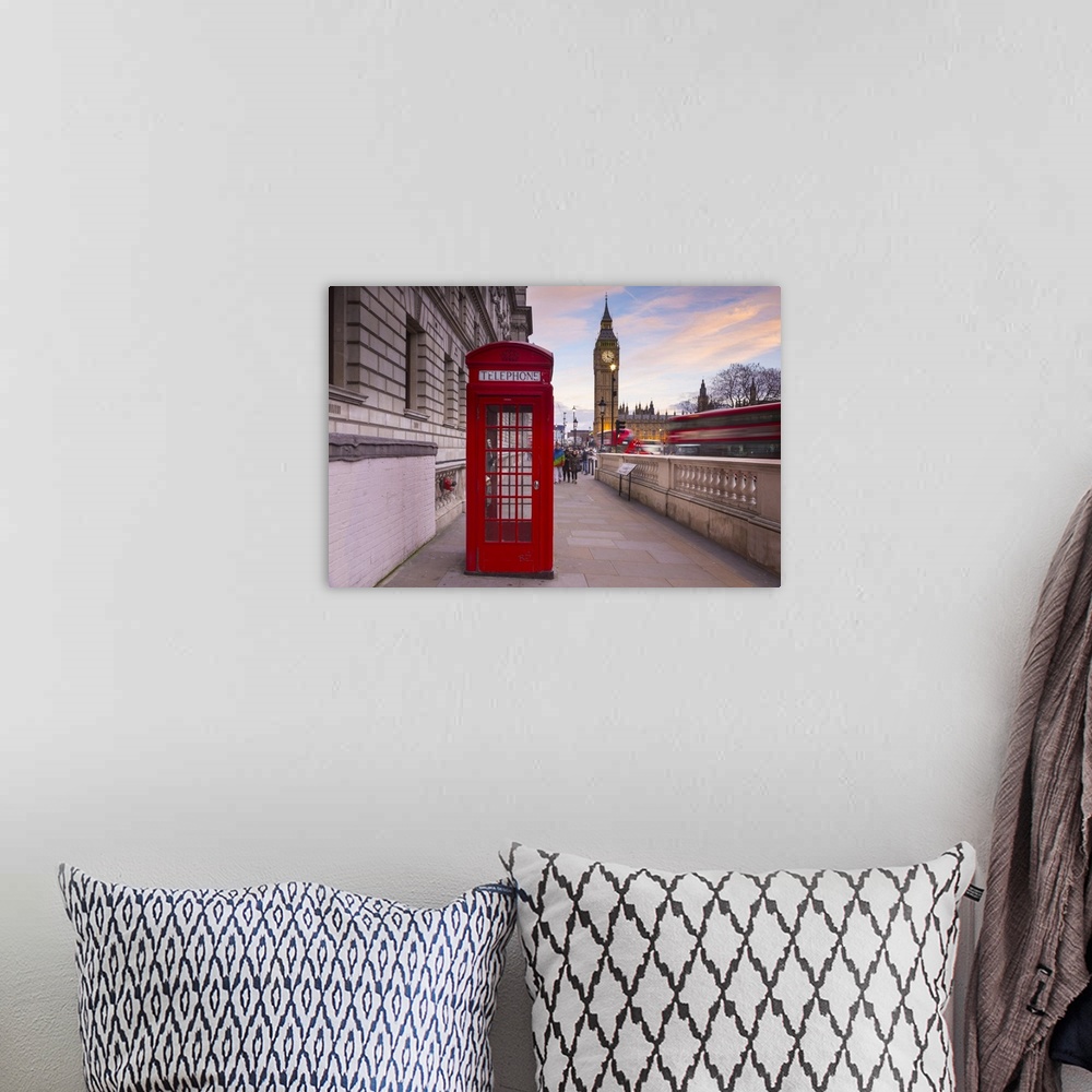 A bohemian room featuring Big Ben, Houses of Parliament and a red phone box, London, England.
