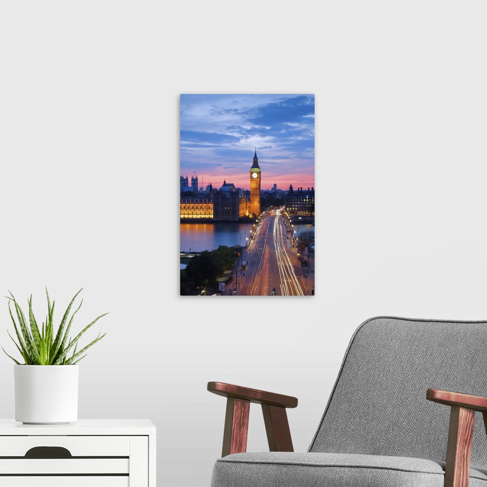 A modern room featuring Big Ben, Houses of Parliament and Westminster Bridge, London, England, UK