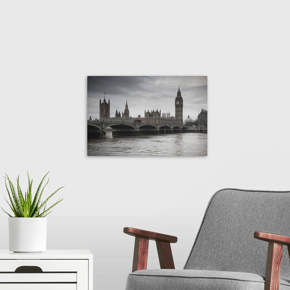 A modern room featuring Big Ben, Houses of Parliament and Westminster Bridge, London, England, UK