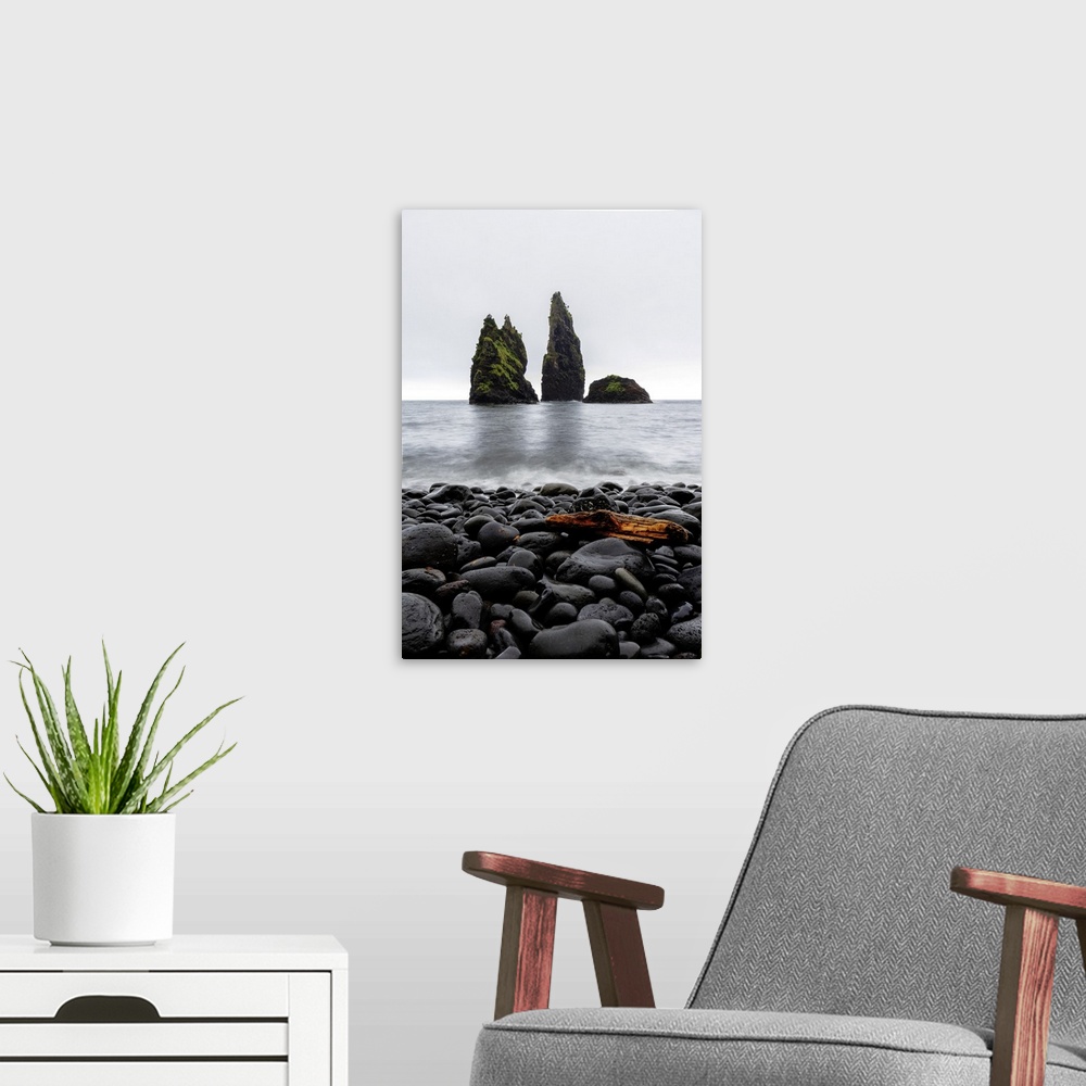A modern room featuring Rock formation and black stone beach of Alagoa bay, Santa Cruz das Flores municipality, Flores Is...