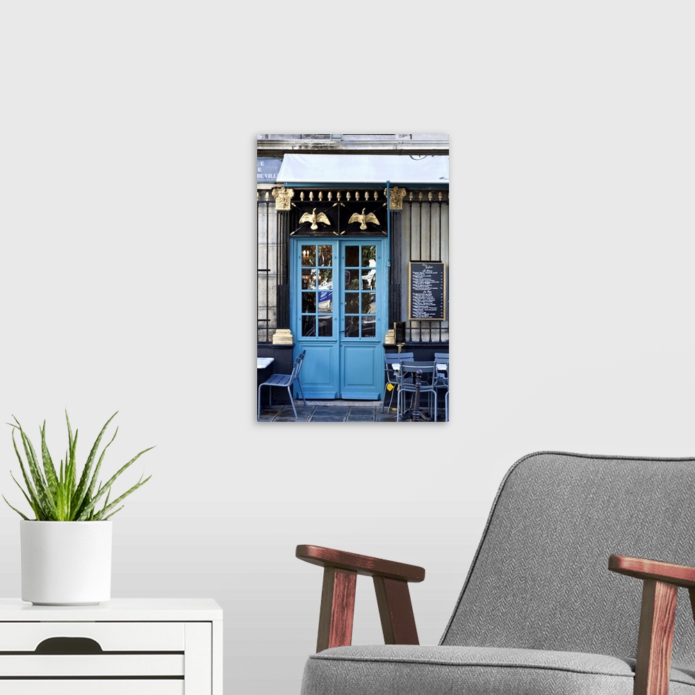 A modern room featuring Blue doors of cafe, Marais District, Paris, France