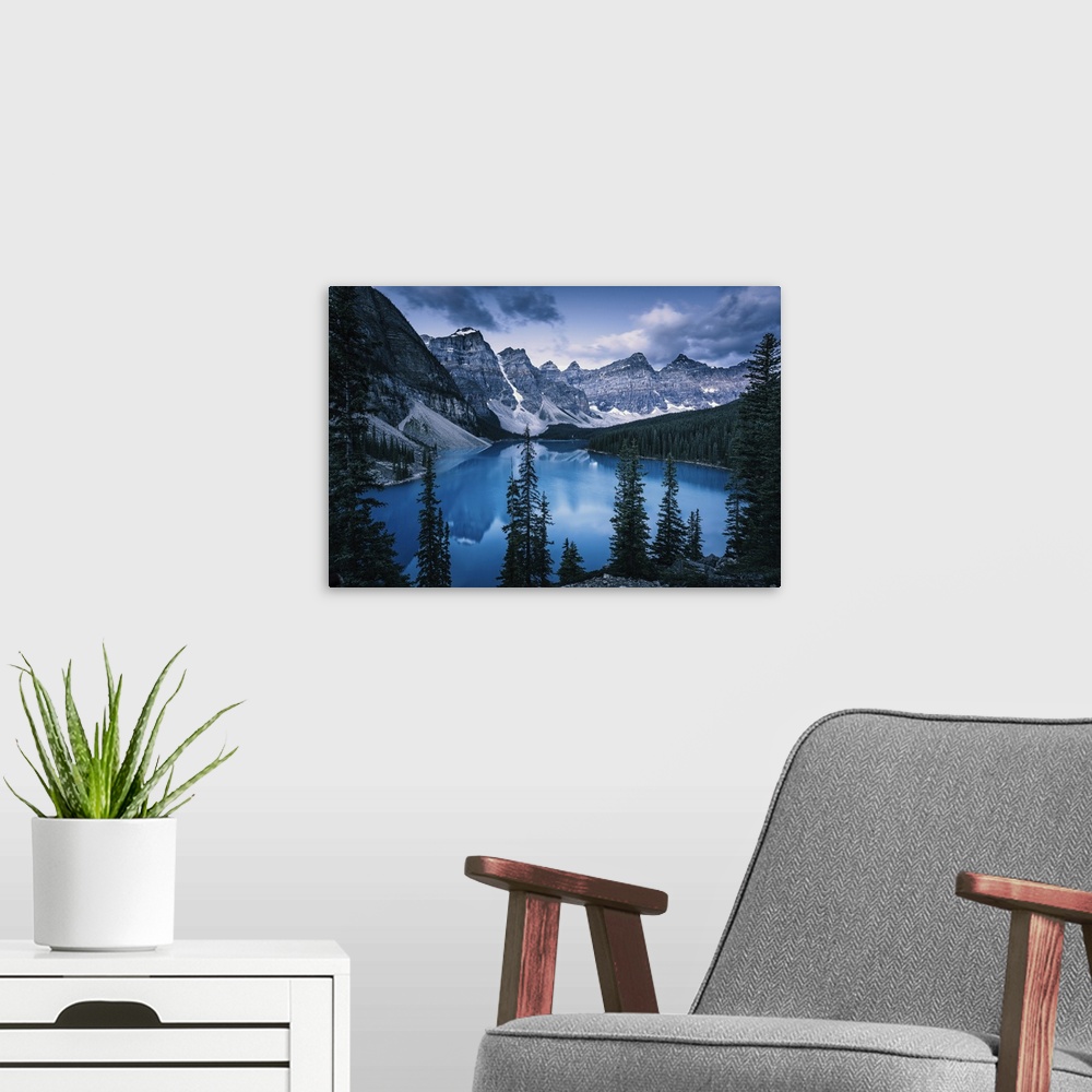 A modern room featuring Blue Hour at Moraine Lake, Banff Lake Louise, Canadian Rockies, Canada