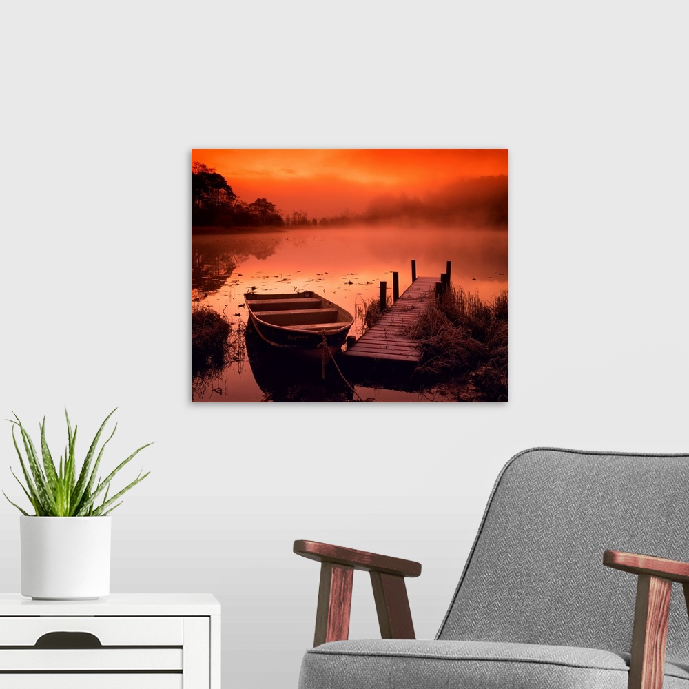 A modern room featuring Boat And Jetty At Sunrise With Swan, Elterwater, Lake District National Park, Cumbria, England