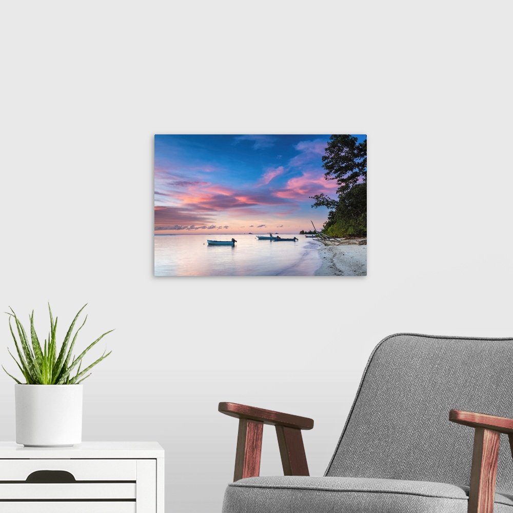 A modern room featuring Boats At Sunset, La Digue, Seychelles