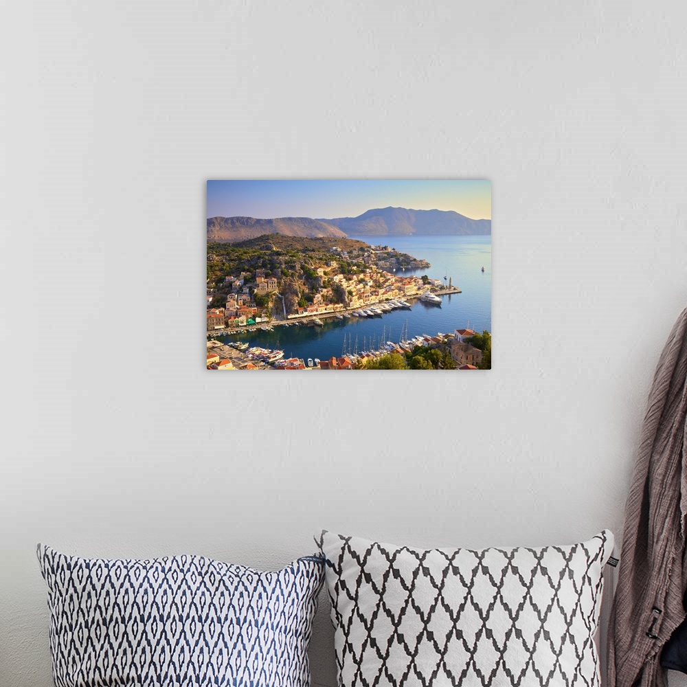 A bohemian room featuring Boats In Symi Harbour From Elevated Angle, Symi, Dodecanese, Greek Islands, Greece, Europe.