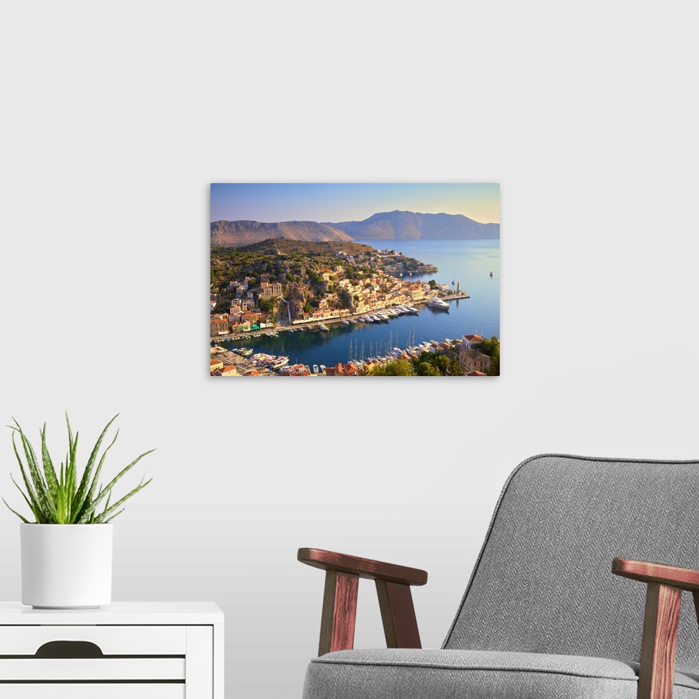 A modern room featuring Boats In Symi Harbour From Elevated Angle, Symi, Dodecanese, Greek Islands, Greece, Europe.