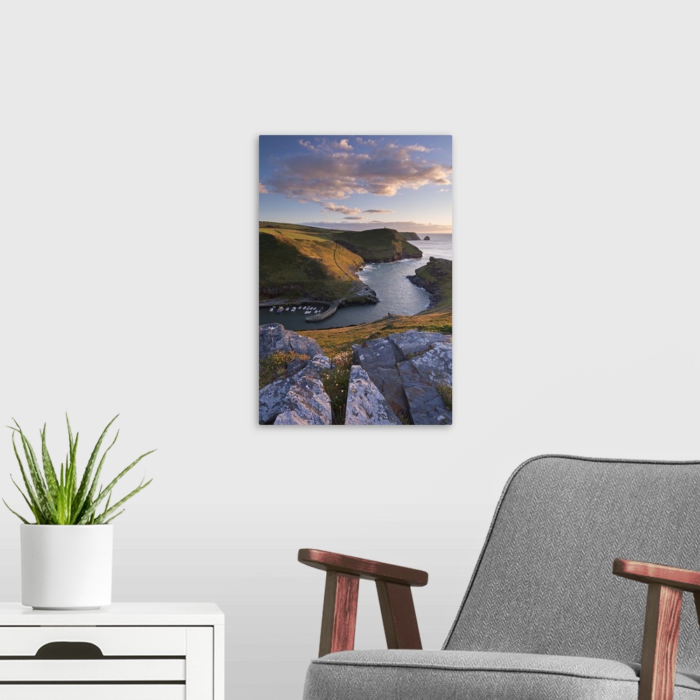 A modern room featuring Boscastle Harbour from the coast path, Cornwall, England. Summer (August)