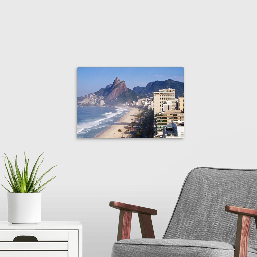 A modern room featuring Brazil, Rio De Janeiro, View of Ipenema beach looking towards Leblon and Two Brothers mountain - ...
