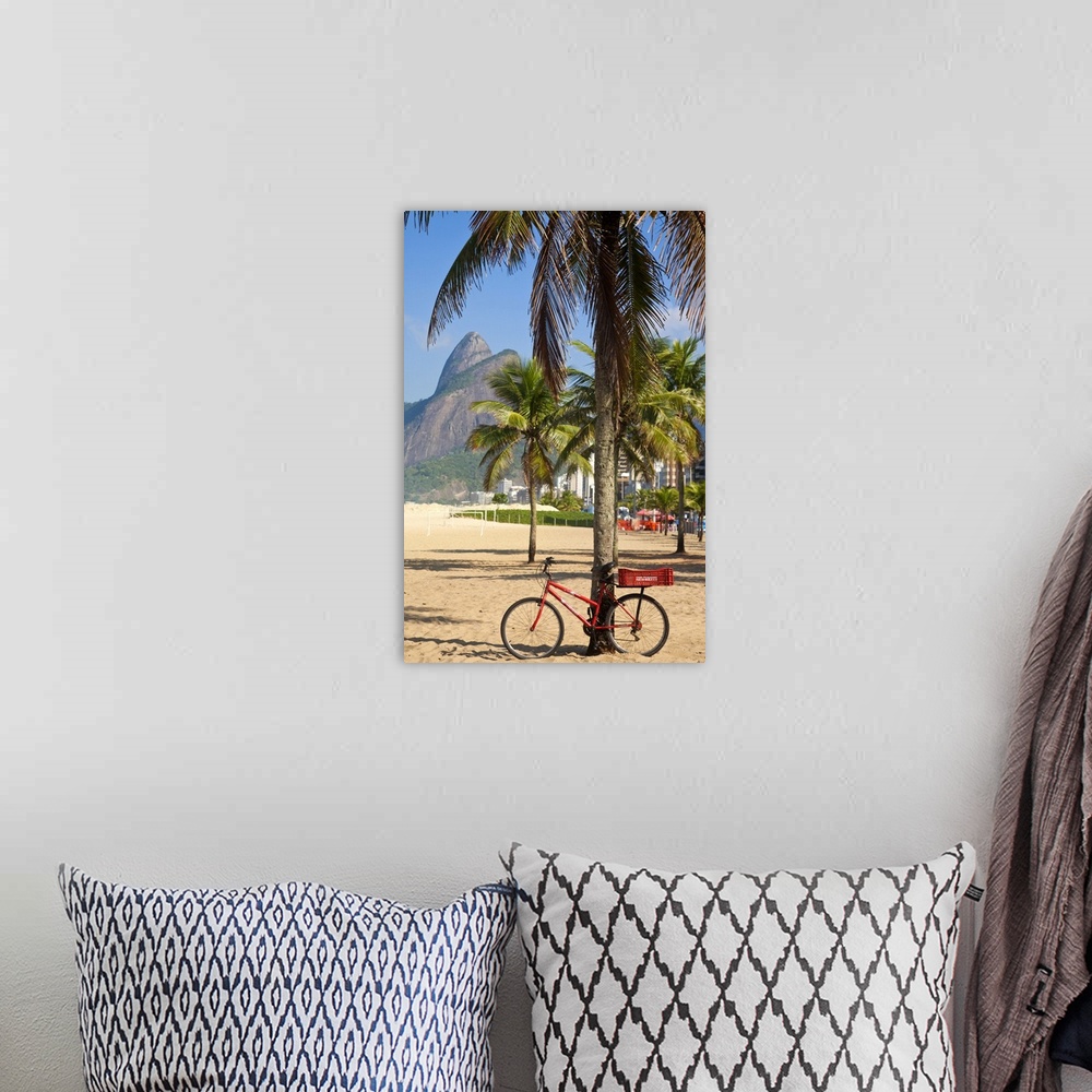 A bohemian room featuring Brazil, Rio De Janeiro, Leblon beach, Bike leaning on palm tree