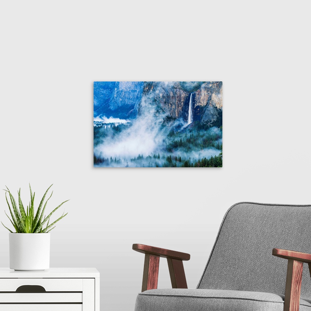 A modern room featuring Bridalveil Falls In Mist, Yosemite National Park, California, USA
