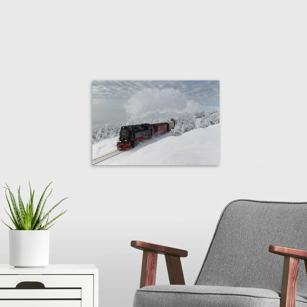 A modern room featuring Brockenbahn on the way to the winter snow-covered Brocken, Harz, Schierke, Saxony-Anhalt, Germany...