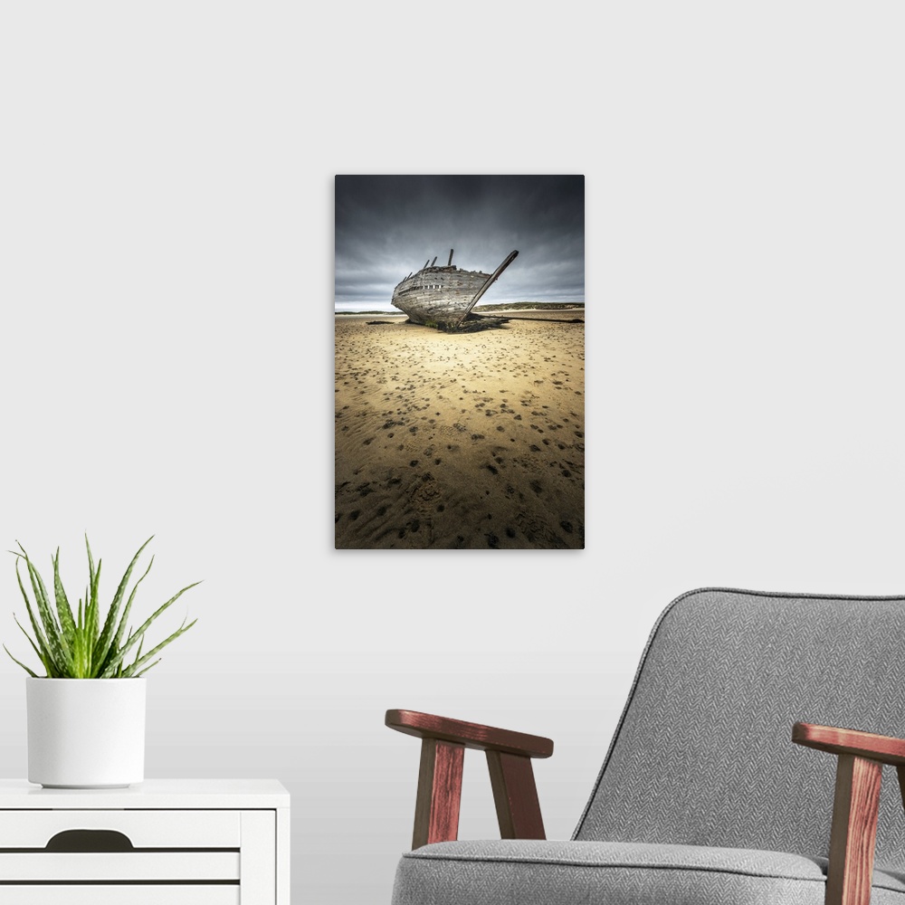 A modern room featuring Bunbeg, County Donegal, Ulster region, Ireland, Europe. An Bun Beag shipwreck on the beach.