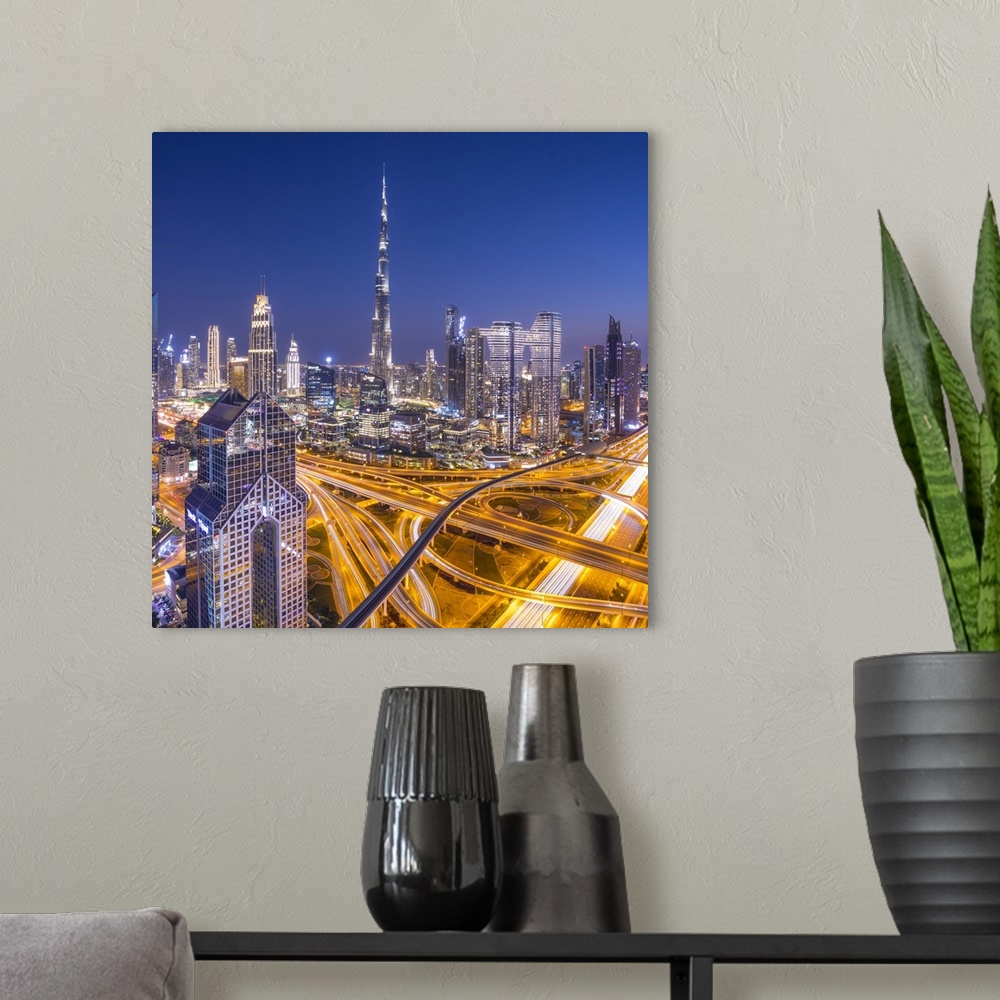 A modern room featuring Burj Khalifa and Sheikh Zayad Road, Downtown, Dubai, United Arab Emirates.