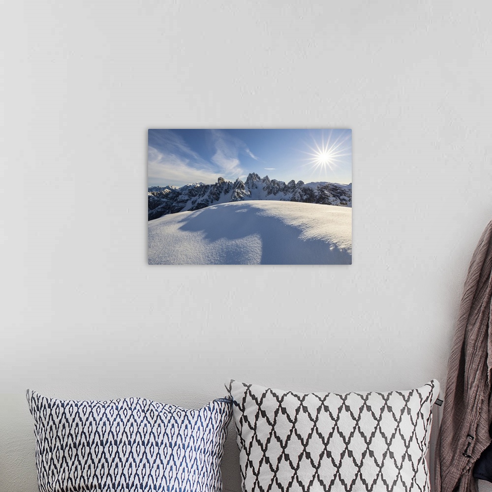 A bohemian room featuring Cadini di Misurina during winter with fresh snow, Dolomiti di Sesto, Belluno, Veneto, Italy