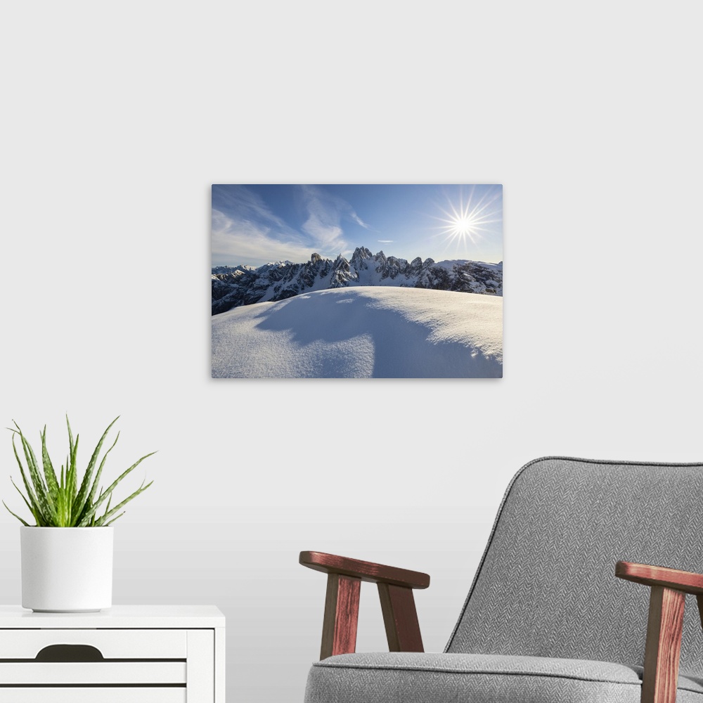 A modern room featuring Cadini di Misurina during winter with fresh snow, Dolomiti di Sesto, Belluno, Veneto, Italy