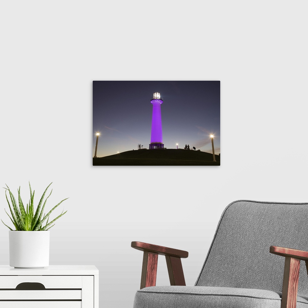 A modern room featuring USA, California, Long Beach, Shoreline Village Lighthouse. evening