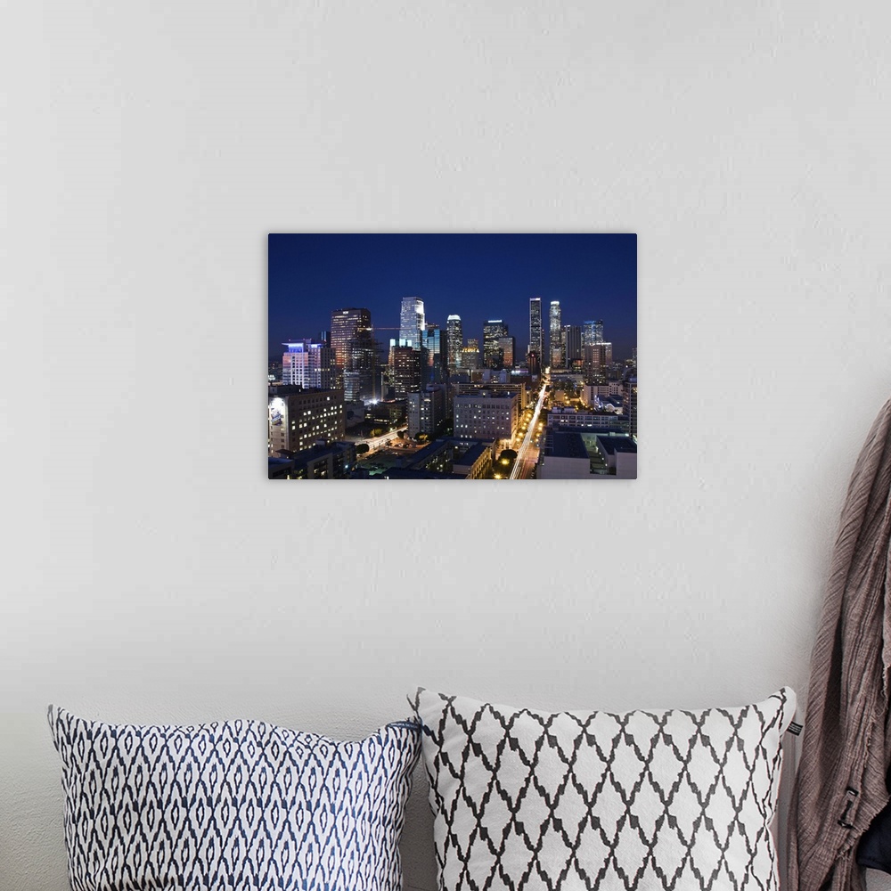 A bohemian room featuring USA, California, Los Angeles, aerial view of downtown from West 11th Street, dusk